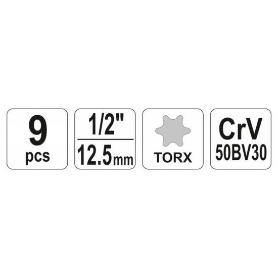 Dugókulcs készlet 9 részes külső Torx 1/2" E10-E24 CrV YATO