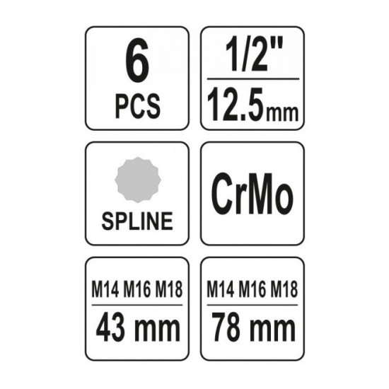 Gépi bit dugókulcs készlet 6 részes Spline 1/2" M14-M18 CrV YATO